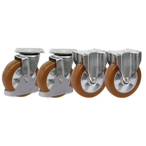 Roues en polyuréthane 92° - diamètre 200 mm (2 fixes + 2 pivotantes)
