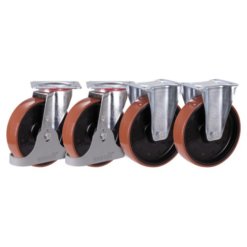 Roues en polyuréthane 96° - diamètre 200 mm (2 fixes + 2 pivotantes)