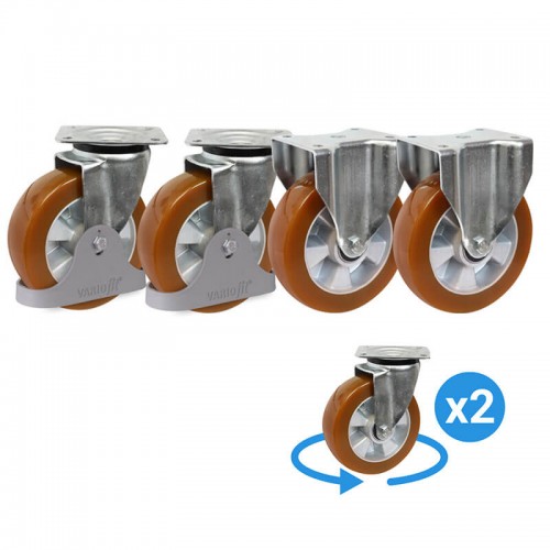 Roues en polyuréthane 92° - diamètre 200 mm (2 fixes + 2 pivotantes)