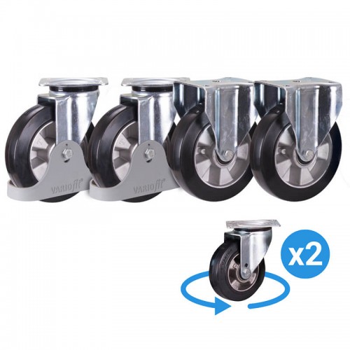 Roues en caoutchouc plein élastique - diamètre 160 mm (2 fixes + 2 pivotantes)