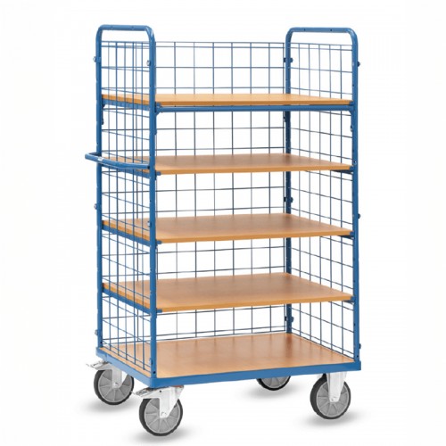 Chariot 5 plateaux avec treillis m&eacute;tallique 3 c&ocirc;t&eacute;s