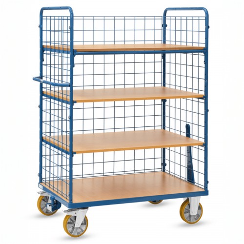 Chariot &agrave; plateaux en train avec 3 c&ocirc;t&eacute;s treillis m&eacute;tallique