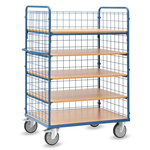 Chariot 5 plateaux avec treillis m&eacute;tallique 3 c&ocirc;t&eacute;s