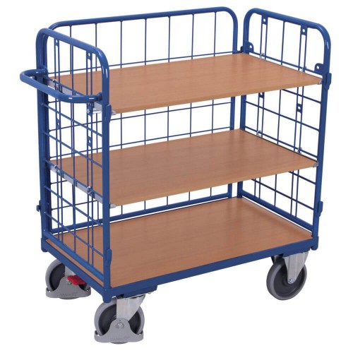 Chariot avec 3 &eacute;tag&egrave;res bas grillag&eacute; 3 cot&eacute;s