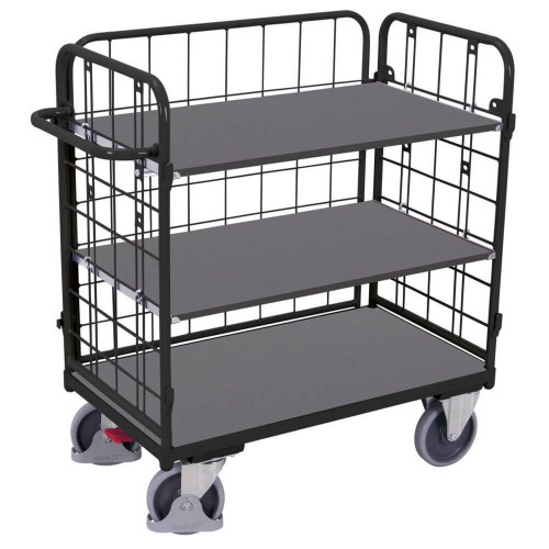 Chariot avec 3 &eacute;tag&egrave;res bas grillag&eacute; 3 cot&eacute;s