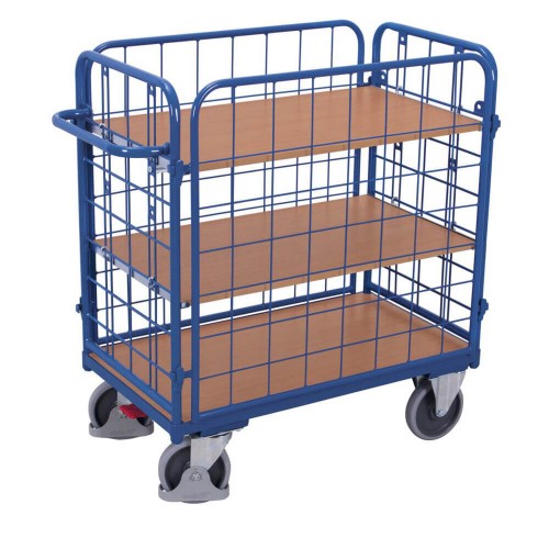 Chariot avec 3 &eacute;tag&egrave;res bas grillag&eacute; 4 cot&eacute;s