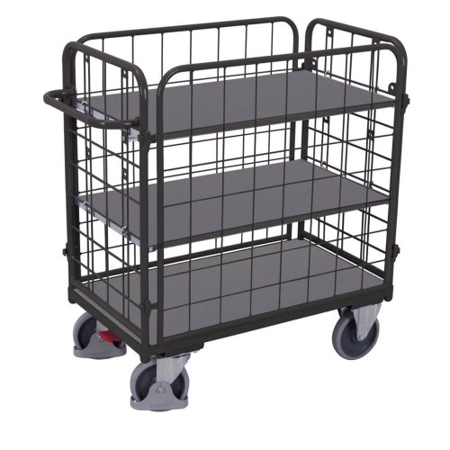 Chariot avec 3 &eacute;tag&egrave;res bas grillag&eacute; 4 cot&eacute;s